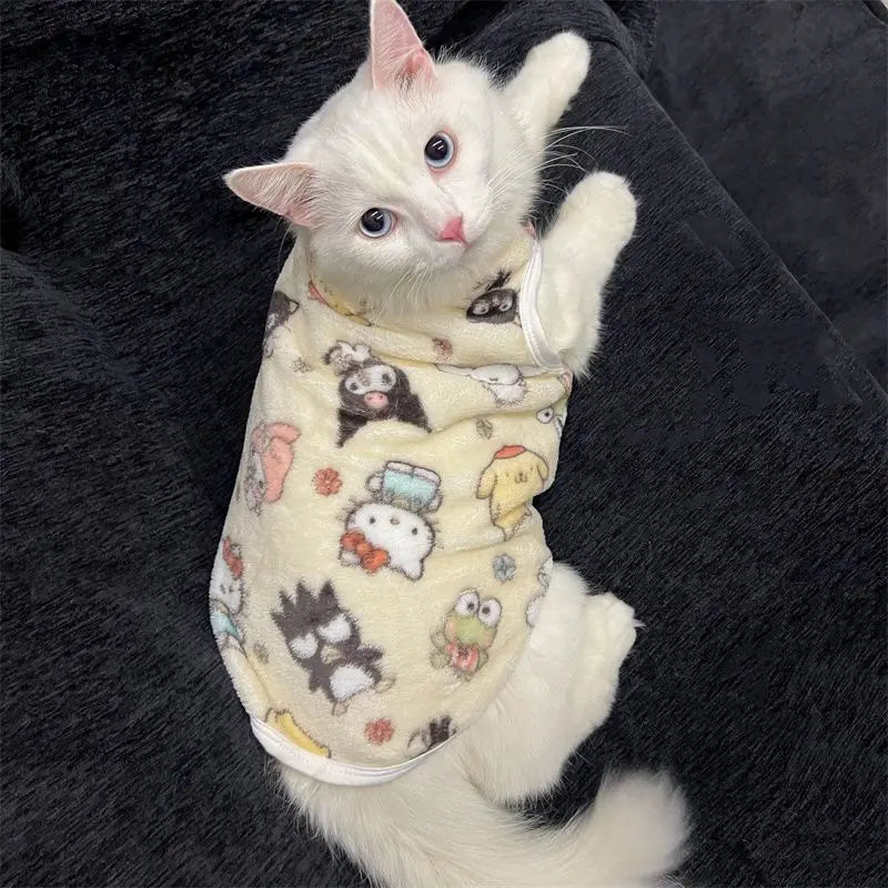 Sanrio Hello Kitty Kawaii Flannel Pet Vest Cartoon Cat Clothes Keep Warm Small Dog Creative Anime Series Clothes Pet Dress Up
