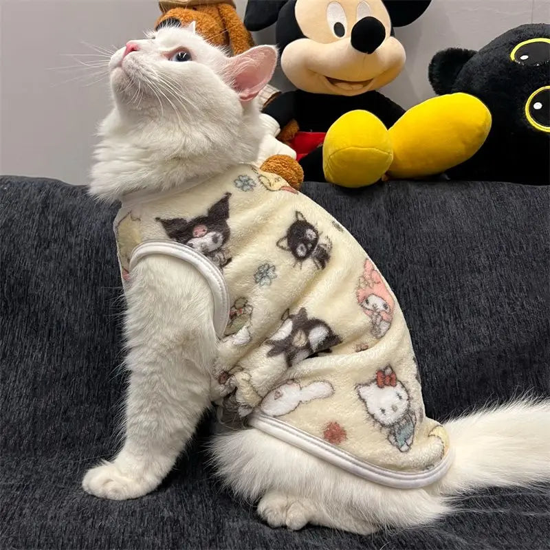 Sanrio Hello Kitty Kawaii Flannel Pet Vest Cartoon Cat Clothes Keep Warm Small Dog Creative Anime Series Clothes Pet Dress Up