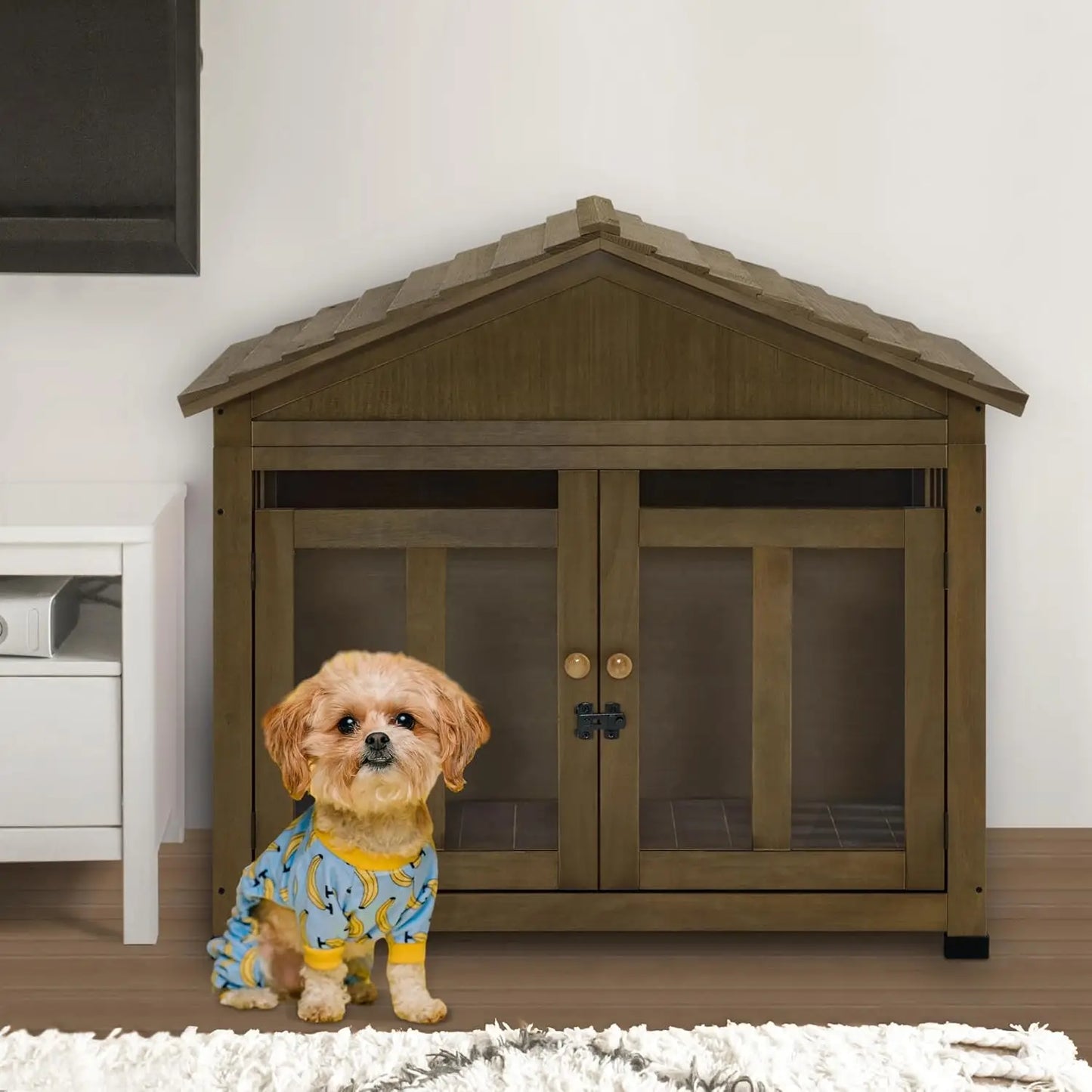 Wooden Dog House Furniture, Solid Wood Pet Kennel Indoor for Small/Medium Dogs, JD54 (Brwon, Medium)